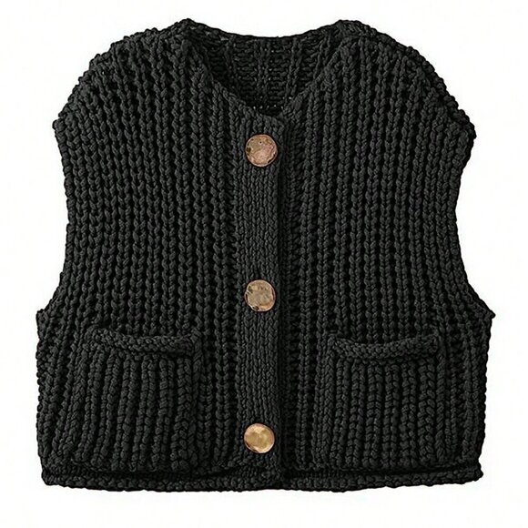 Black Casual Women's Loose Knit Vest With Double Pockets - Picture 3 of 5